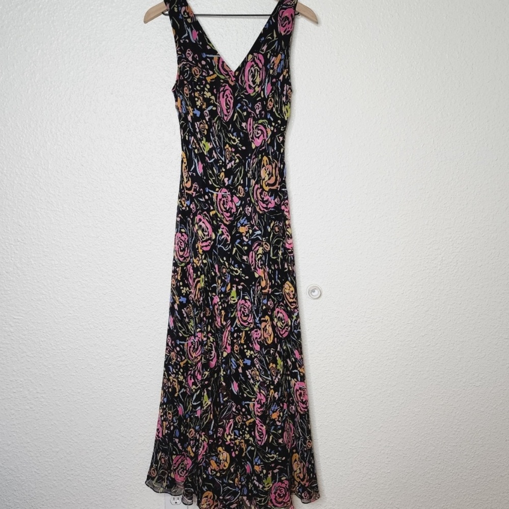 Vintage 90s Black Floral Fairy Grunge Silk Botanical Indie Bohemian Midi Dress